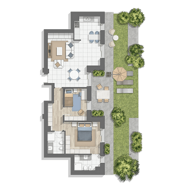 drawn floor plan of a house with private garden