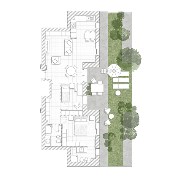 pianta architettonica appartamento con giardino privato
